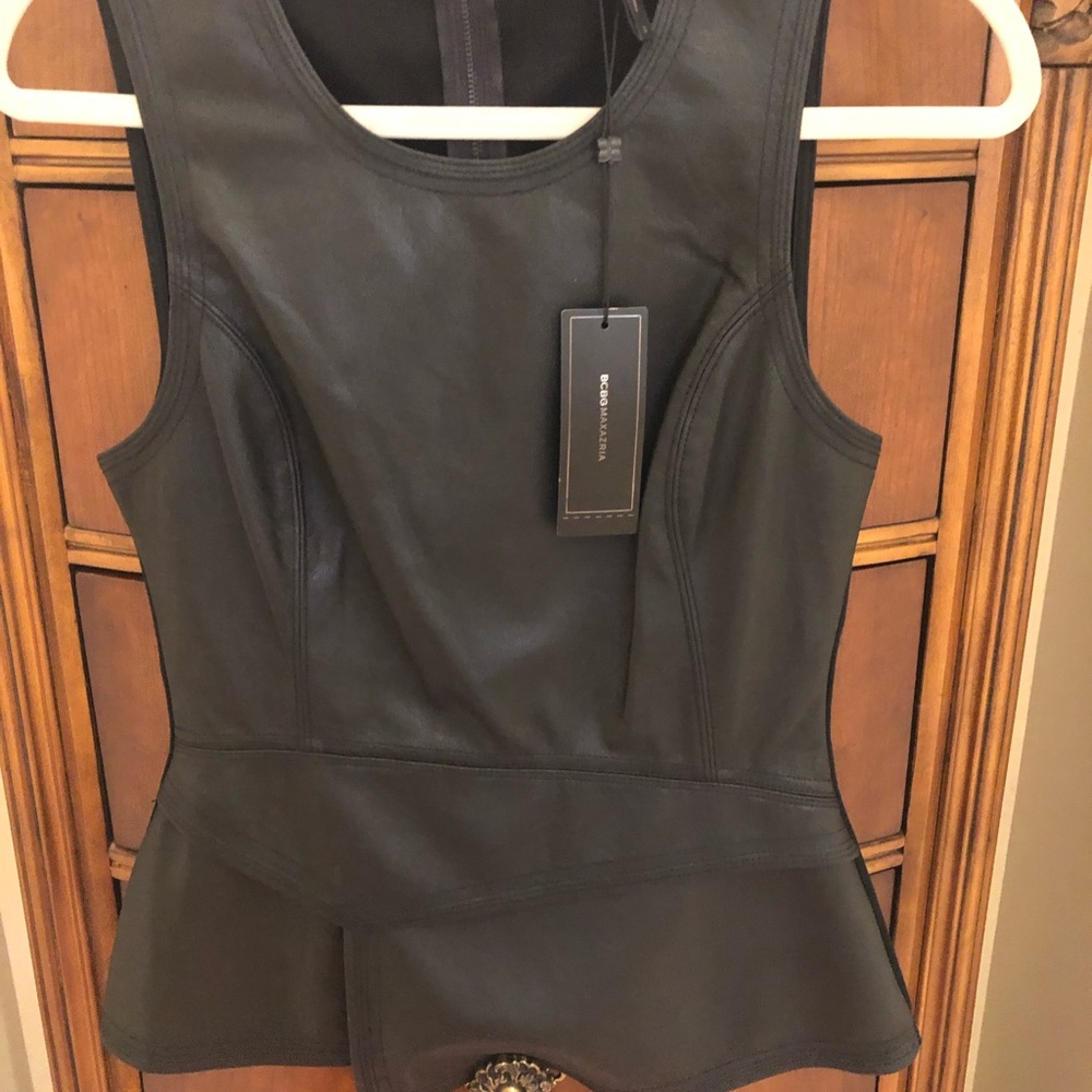 BCBG maxazria faux leather peplum top